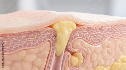 A cross-section illustration showing a skin pore clogged with sebum forming a whitehead pimple.