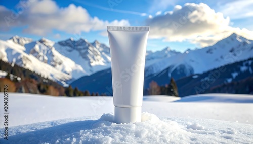 A white skincare product tube stands in deep snow, with snow-covered mountains in the background under a blue sky