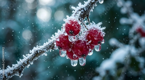 Red hawthorn berries covered in ice and frost on a cold winter day