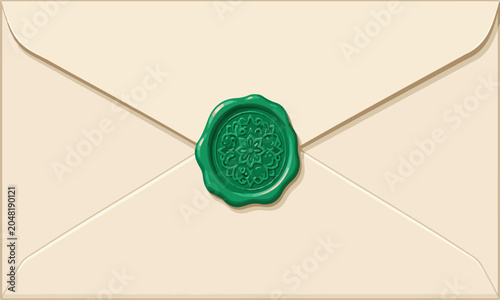 Vintage cream envelope with an elegant green wax seal featuring a floral pattern, perfect for luxury invitations, secret letters, wedding stationery, and royal correspondence design.