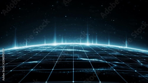 Futuristic blue data stream on glowing digital grid representing connectivity and technology