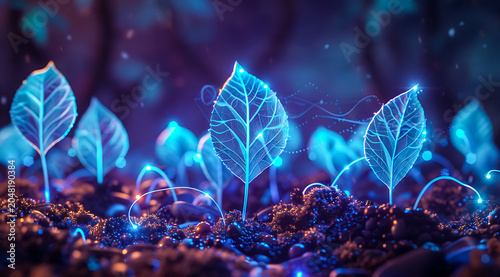 Glowing blue fantasy plants growing in dark soil with sparkling particles. Magical bioluminescent nature scene, futuristic botanical concept and mystical forest atmosphere. 4K Wallpaper