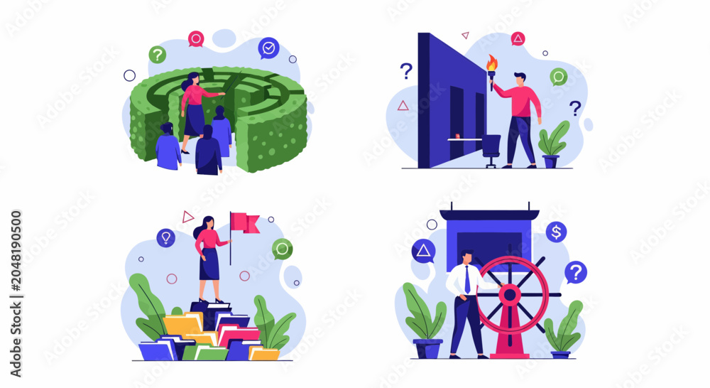 Fototapeta premium Business leadership concepts featuring professionals navigating a labyrinth holding a torch for vision and steering a wheel for corporate success strategy