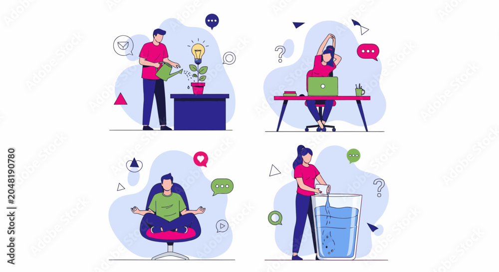 Fototapeta premium Healthy habits at office work like meditation stretching hydration and plant growth for employee mental wellness