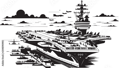 Canvas Print Powerful Military Aircraft Carrier Vector Illustration Featuring Fighter Jets on