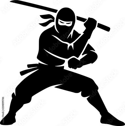 Photography Black ninja icon representing stealth warrior, martial arts fighter, masked assa