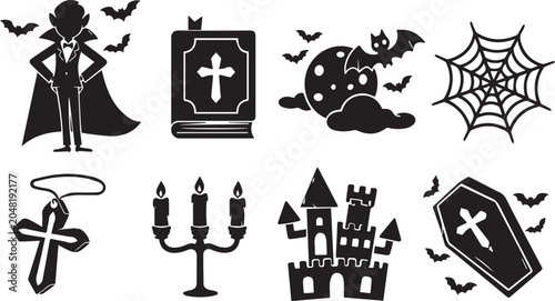 Φωτογραφία Halloween Vampire Icon Set: Black Silhouette Illustrations of Count Dracula, Bats, Spooky Castle, Coffin, Candelabra, Holy Bible, Cross Pendant, and Spider Web for Spooky Vector Designs