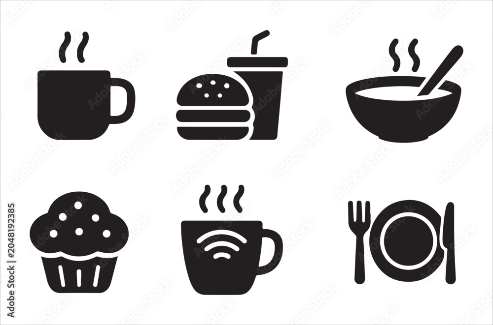 Fototapeta premium Food And Beverage Icons Flat Silhouette Style On White Background