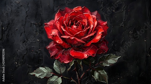 Striking red rose oil painting with vibrant impasto texture on a dark, dramatic background, showcasing intricate petals and rich brushstrokes.