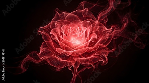 Glowing red rose flower made of ethereal smoke on black background