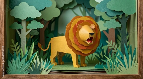 Paper Cutout Lion Roaring in Green Jungle Forest Diorama Box Art