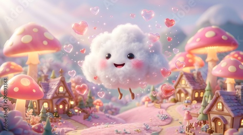 Cute smiling cloud character floating in a magical mushroom village with pink hearts and whimsical fantasy houses in a pastel dreamland