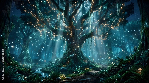 Enchanted forest at night with a magical glowing ancient tree and fireflies