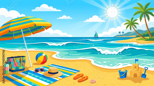 Colorful summer beach scene with tropical ocean waves and sand on white background