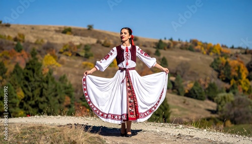 A woman in traditional attire stands on a path, mountains in background, sunny day
