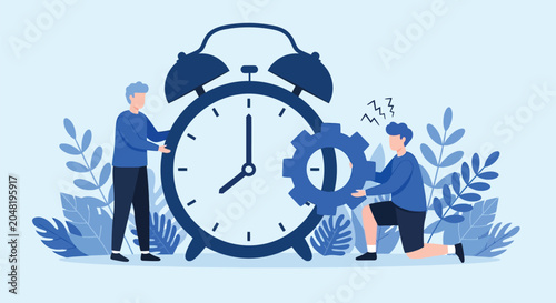 Foto Time management and productivity concept featuring team of people adjusting large alarm clock with gear wheels symbolizing workflow optimization and deadlines