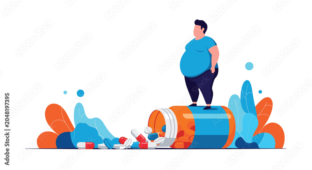Obraz premium Overweight man standing on a giant pill bottle surrounded by spilled capsules and tablets for obesity and pharmaceutical medication concepts.