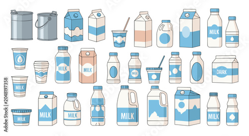 Wide variety of dairy product packaging including milk cartons, plastic bottles, yogurt cups, and metal cans for grocery store inventory displays.
