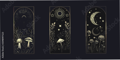 Quadro su tela Art nouveau floral ornaments with celestial and fungal motifs dark background