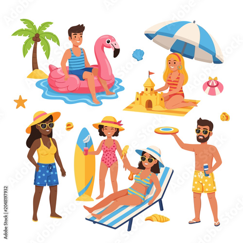 Summer vacation illustration with people objects and activities by the sea