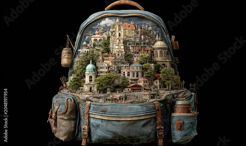 Surreal Travel Concept, Open Backpack Packing a Dense 3D Modern Cityscape