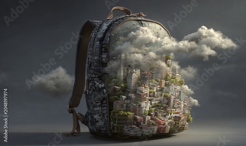 Surreal Travel Concept, Open Backpack Packing a Dense 3D Modern Cityscape