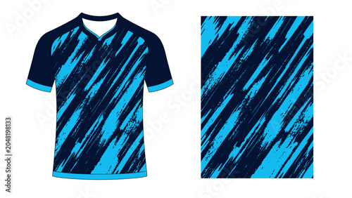 Canvas-taulu Blue and black striped athletic jersey accompanied by matching fabric swatch showcasing bold pattern and modern sportswear design
