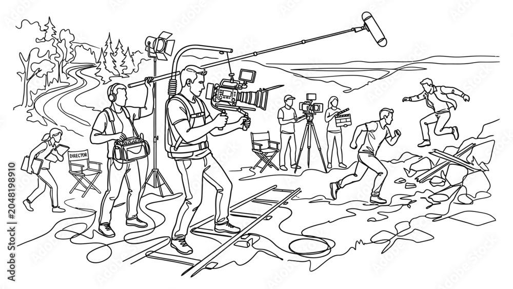 Obraz premium Film crew shooting action scene outdoors.