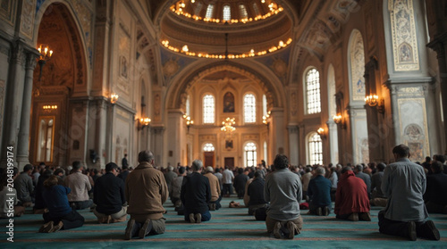 People kneeling in prayer inside a beautiful ornate mosque