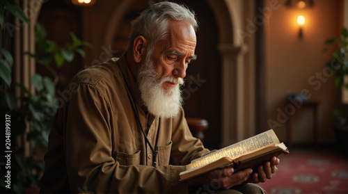Elderly man deeply engrossed in reading an old book