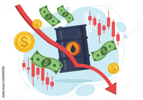 Cuadro en lienzo Oil price crash with falling arrow, barrel of crude oil, dollar bills and coins, stock market chart, economic recession, global energy crisis