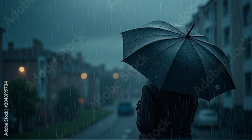 Person walking alone with umbrella on a rainy city street at night