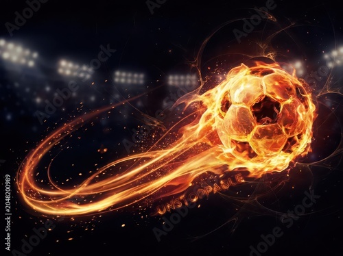 Flaming soccer ball in motion with fire trails and sparks flying