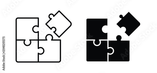 Puzzle pieces vector icon set black filled and outlined style.
