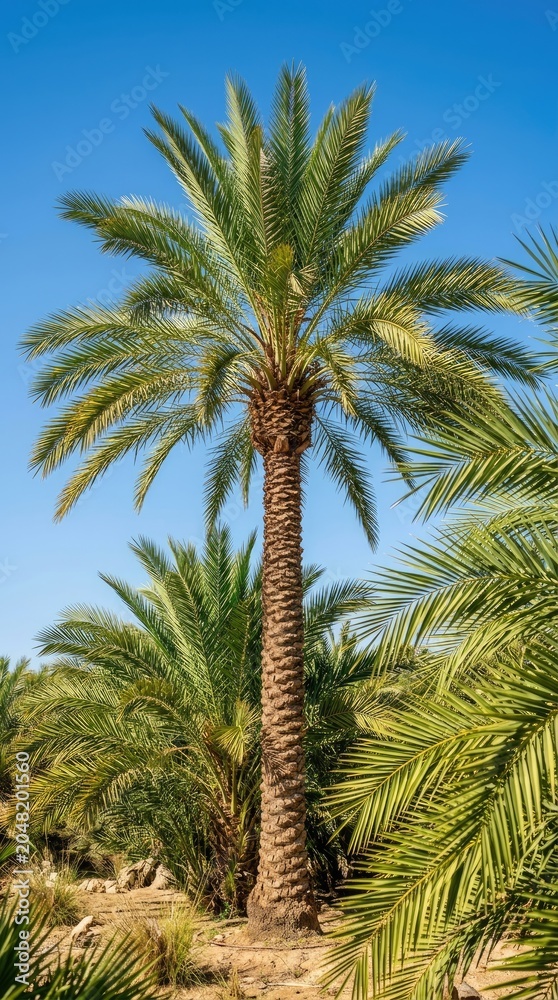 Fototapeta premium Tall palm tree in a tropical garden under clear blue sky