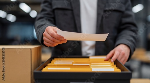 Warehouse worker organizing inventory records and files in a storage box logistics