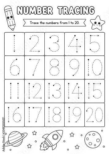 Number tracing worksheet for kids from one to twenty with space theme, rocket, planet, and stars, black and white outline