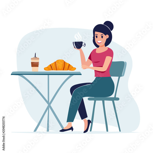 Woman Enjoying Coffee and Croissant at a Cafe Table