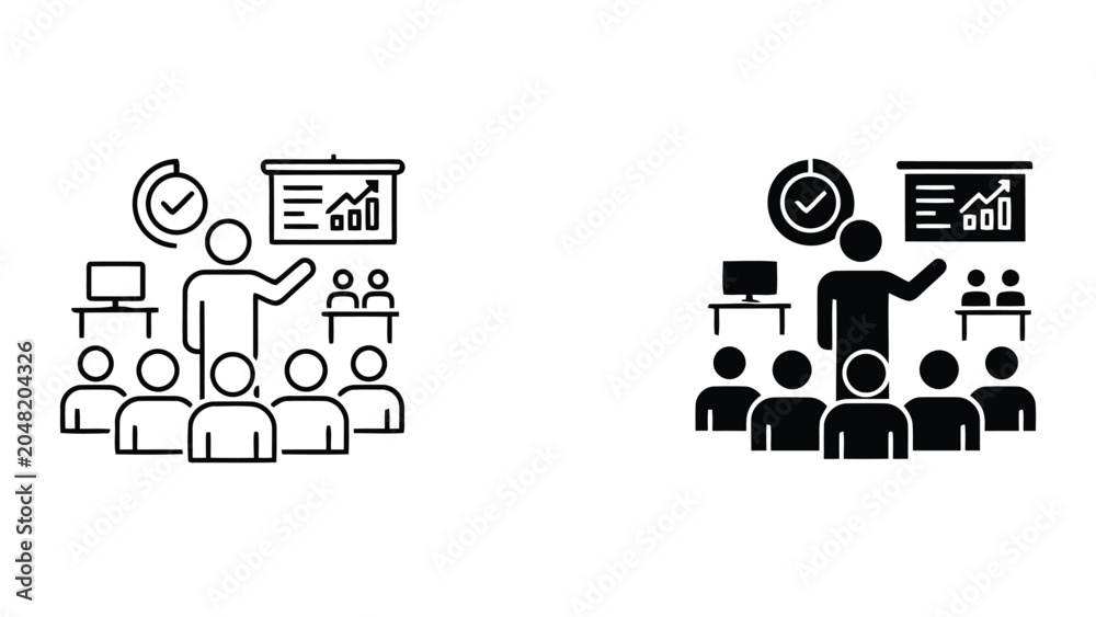 Fotografie Business presentation and training session vector icon with speaker presenting c
