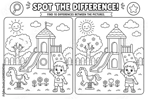 Spot the difference puzzle game for children featuring a playground scene with a slide, tree, flowers, and a happy boy