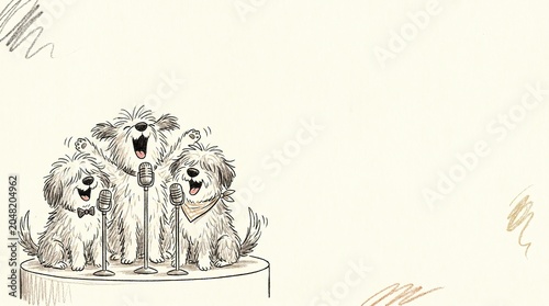 Funny dog Concert, Cute dog Performer, Cheerful Music dog, Singing Dogs at Concert Stage Illustration
