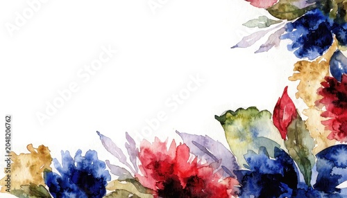 Vibrant watercolor illustration featuring rich botanical elements and lush foliage in red blue and