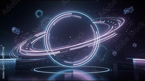 Futuristic Neon Saturn Planet with Glowing Digital Rings