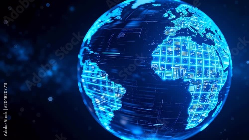Digital earth with glowing grid surface and data points on deep blue background