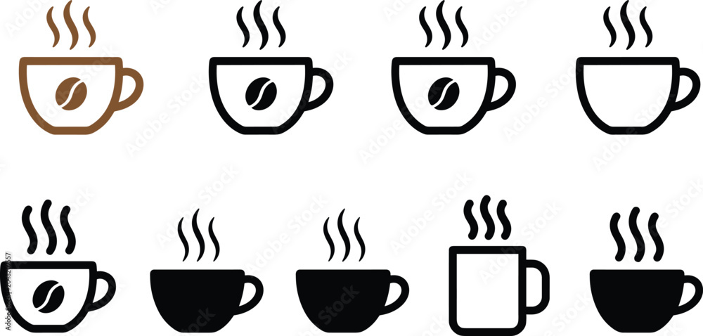 Fototapeta premium Steaming Coffee Cup Icon Collection Vector Set with Coffee Bean Symbols for Cafe and Beverage Branding