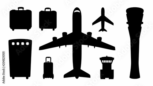 Set of airport icons including airplane, luggage, control tower, and airport building silhouette
