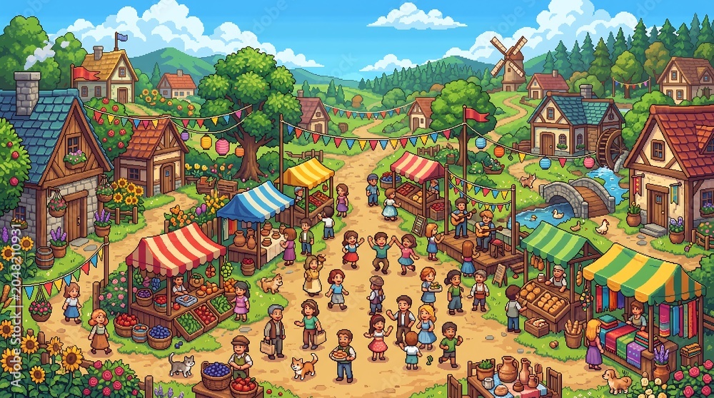Obraz premium Colorful pixel art village festival scene featuring many tiny people gathered around market stalls on white background