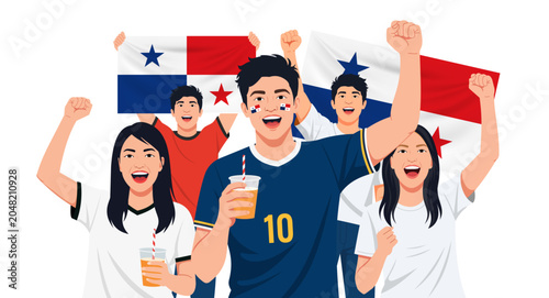 Vector illustration of enthusiastic Panamanian football fans cheering with Panama flags. Ideal for sports event promotions, fan culture content, football campaigns, and supporters.