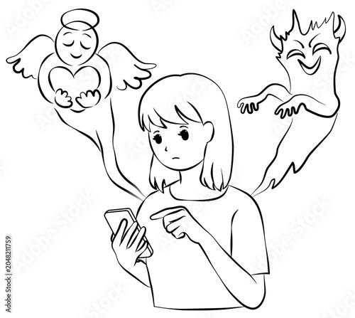 スマートフォンを操作する若い女性と、左右に現れた天使と悪魔の線画イメージイラスト