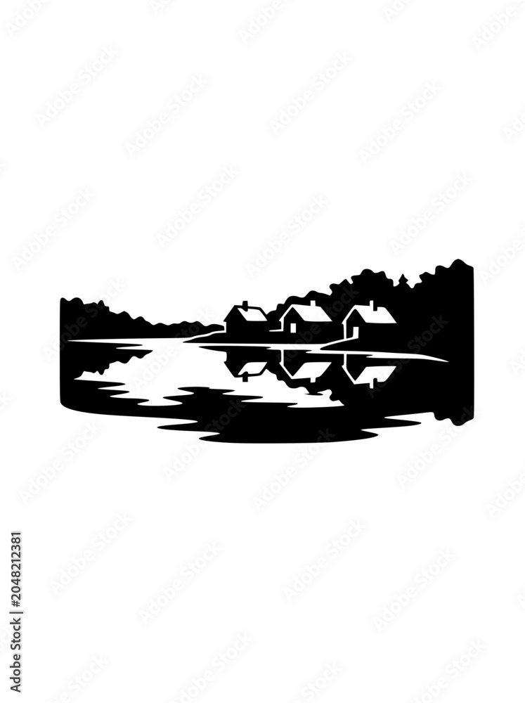 Naklejka premium Minimalist black and white landscape of lakeside cottages with water reflections